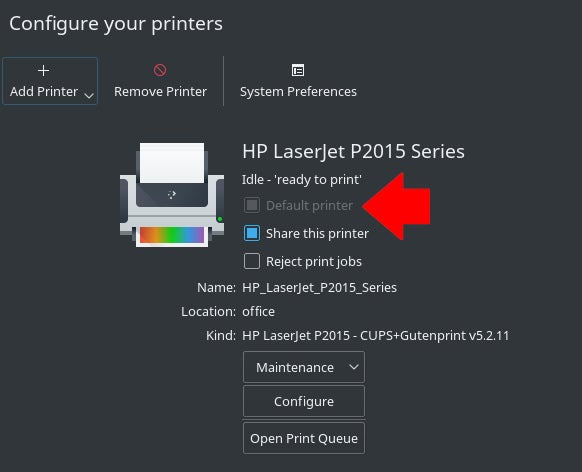 dialog box to set default printer