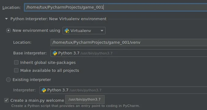 New project settings in PyCharm