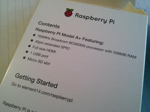 Back of the Raspberry Pi A+ box, with list of specifications.