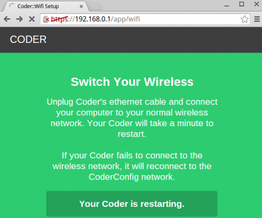 Screenshot of final WiFi setup in Coder.