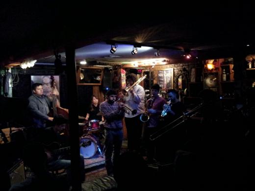 Musicians in jam session at Smalls Jazz Club in New York city