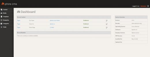 Phire CMS dashboard