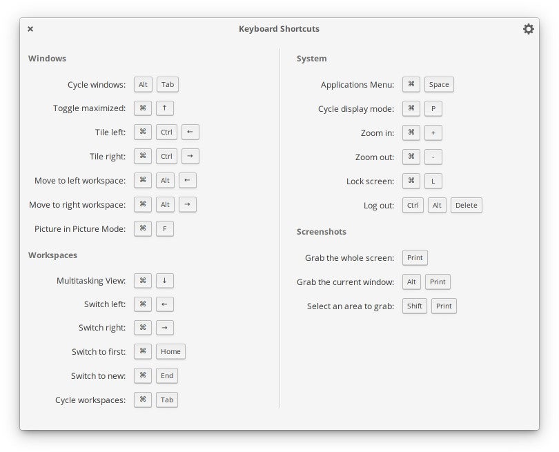 Screenshot of Elementary OS's keyboard shortcuts configuration screen.
