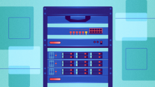 A rack of servers, blue background