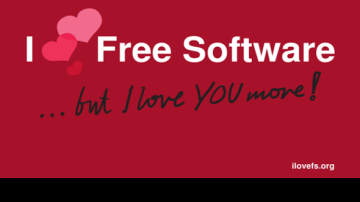 Red postcard that says I heart free software, but I love you more!