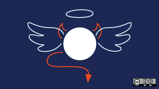 circle with devil horns and tail and angel wings and halo