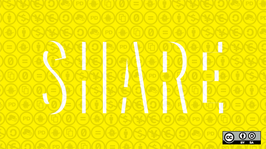 Sharing, Creative Commons icons in yellow background