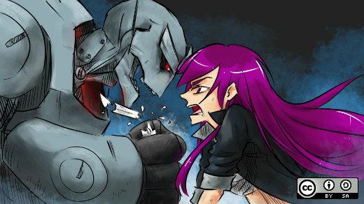 Animated robot face to face with purplre hair character