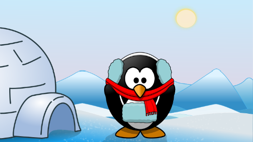 Linux penguin at the north pole beside an igloo
