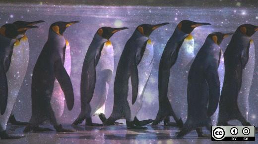 Penguins with space and stars overlay