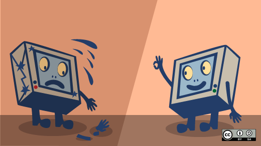 Two animated computers waving one missing an arm
