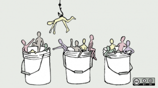 Three buckets with people in them