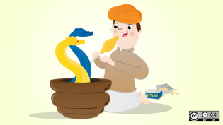 Snake charmer cartoon with a yellow snake and a blue snake
