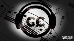 Creative Commons logo with headphones on over sheet music