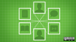 green background with illustration of people and business and learning tools