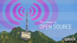Weekly news with pink radio beacon on the top of a mountatin