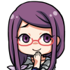 A drawing of Rize from Tokyo Ghoul looking smug with her eyebrows raised and her hand on her chin. Her hair is long and purple. She wears red glasses, the tops of the frames not filled in. Her eyes are also purple. She's wearing some sort of mostly-gray dress and appears to have a light-purple ribbon on either her hair or clothing on the right side. Her sleeve near her hand is a dark blue. Her skin is pale. She's smiling. The art style is "chibi".