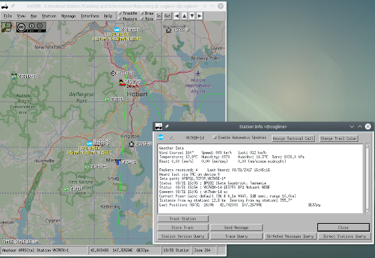 XASTIR showing APRS stations overlaid on OpenStreetMap bitmap tiles