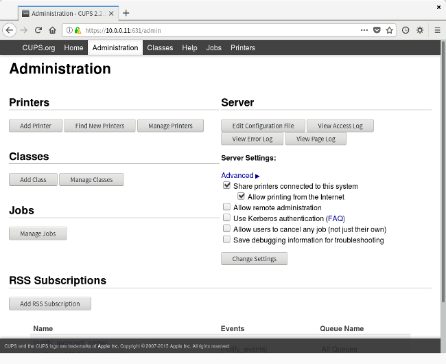CUPS Administration panel