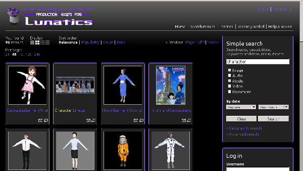 Resource Space web interface (a search query for 'characters')