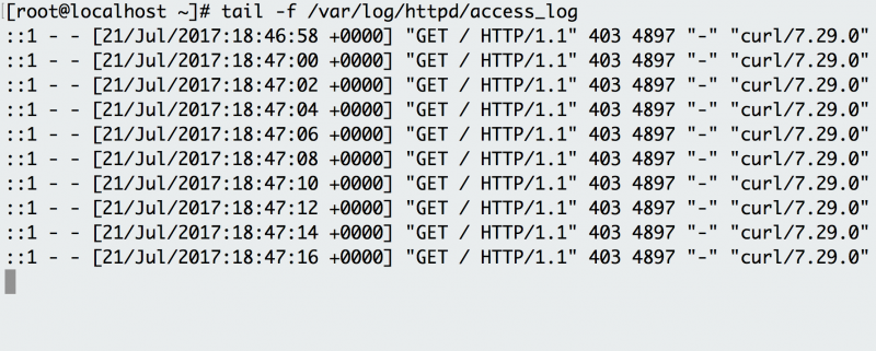  brug tail-F til at følge Apache HTTP server logs og se anmodningerne, som de sker.