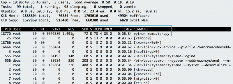 Pressing C while running top shows the full command