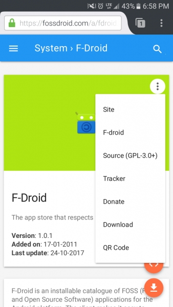 Fossdroid App Page with Menu