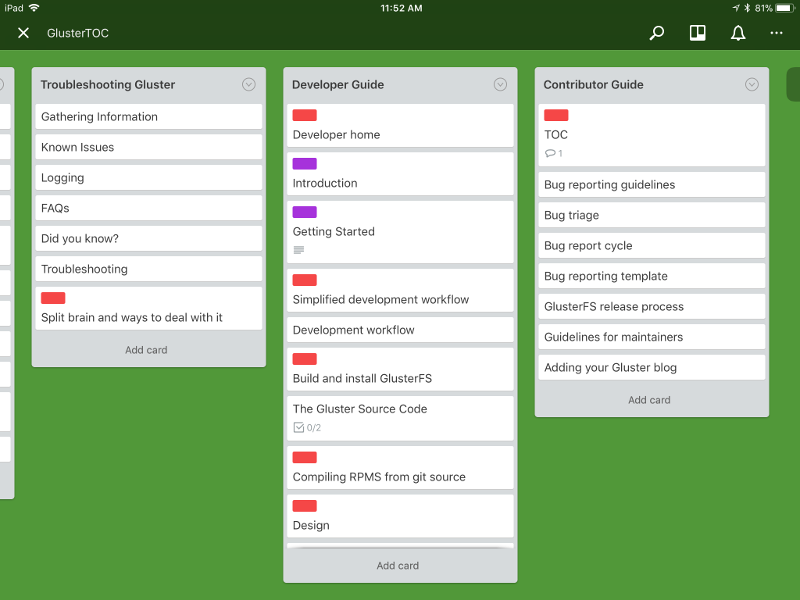 Example of a kanban board for card sorting