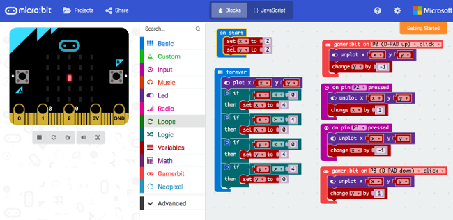 MakeCode with the emulator on the left and code is on the right