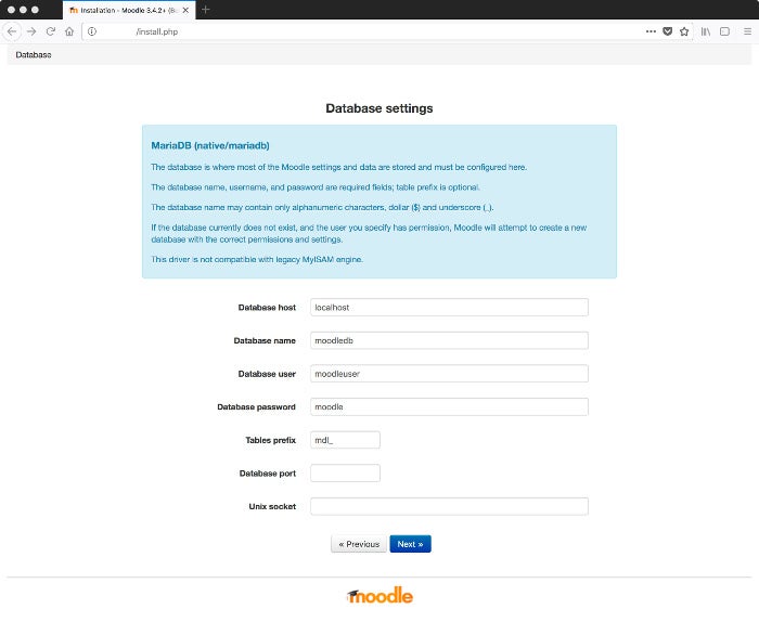 Moodle database configuration