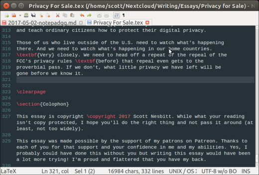 Syntax highlighting of a LaTeX document.