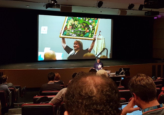 A photo from the audience during the final talk of the Art and Tech miniconf.