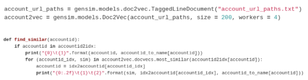 Training doc2vec on web activity data with gensim (top) and a function for fetching customer vectors (bottom)