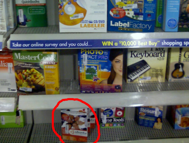 Ubuntu box packaging on a Best Buy shelf