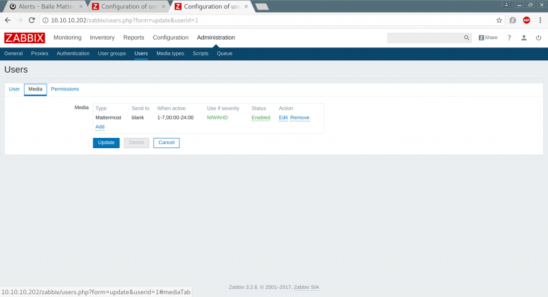 Configuring a user media type in Zabbix