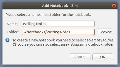 Setting the Zim notebook name and folder