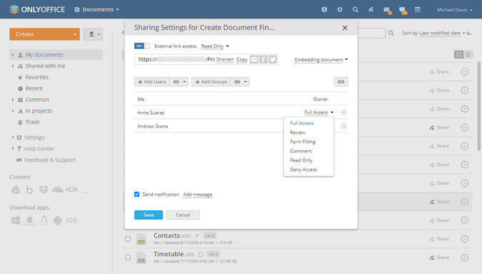 ONLYOFFICE sharing options