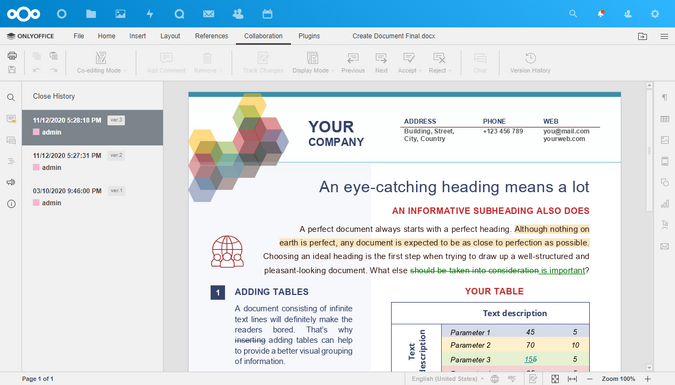 ONLYOFFICE version history in Nextcloud