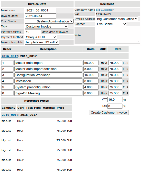 Invoice proposed by the wizard