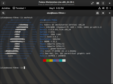 Fedora 30 Running in GNOME Boxes