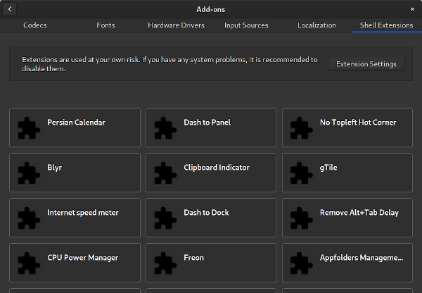 Package Manager Add-ons Extensions view