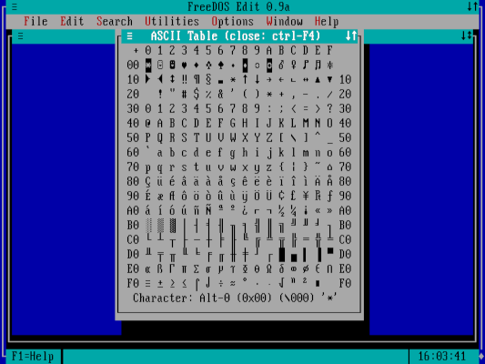 utilities menu - ascii table