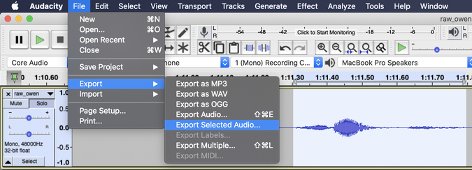 Exporting selected audio