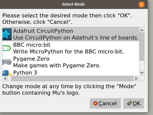 Selecting CircuitPython mode to run Mu