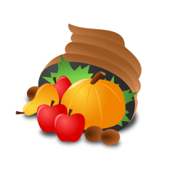 A cartoon of a brown cornucopia with red apples, an orange pumpkin, and brown nuts spilling out