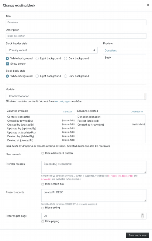 Form to change Record list block