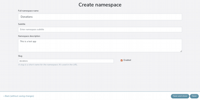 Form for creating a donations application