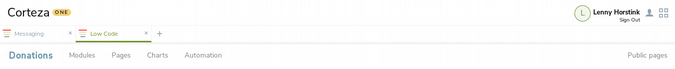 Corteza Low Code admin panel menu