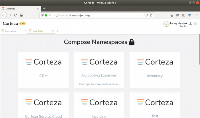 Corteza Low-Code Namespaces menu