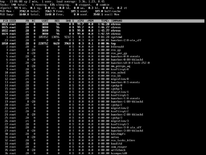 Output of the top command showing low CPU steal time
